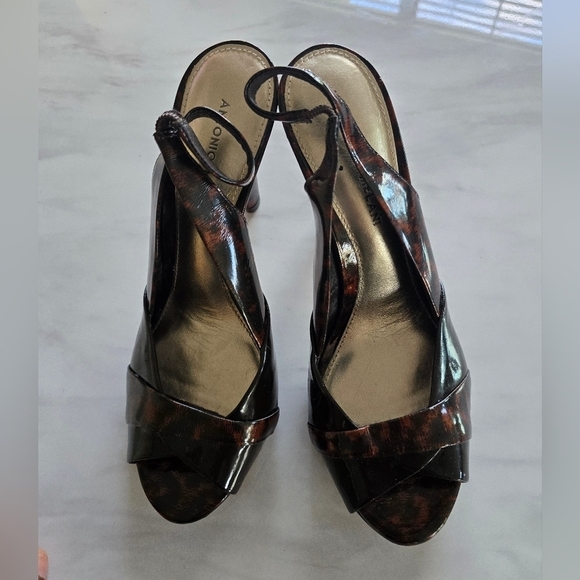 Antonio Melani Heels Womens Sz 9M Brown Patent Leather Open Toe  Ankle - Picture 11 of 15